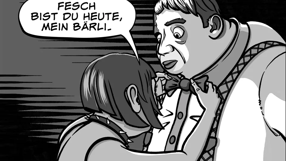 Mami bindet Sigi die Masche für sein Hemd.