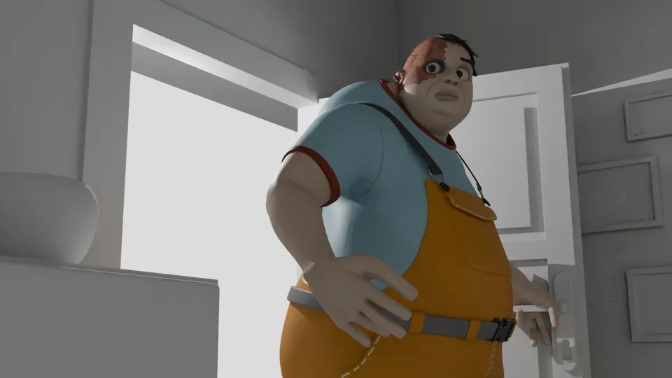 3D-Rendering einer Szene, in der Sigi nach Hause kommt.